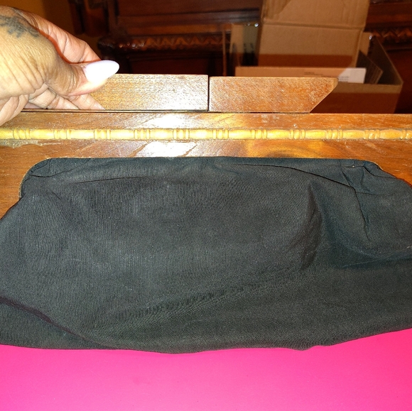 Vtg Black Soft Pouch Wooden Big Clutch Bag - Picture 10 of 10